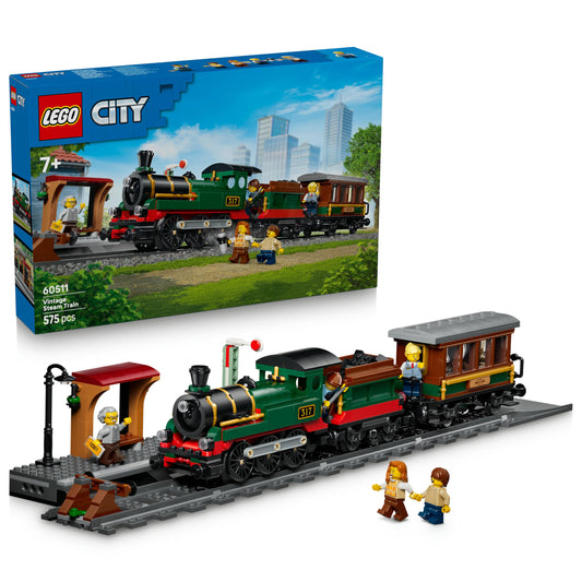 LEGO 60511 City Vintage Steam Train Toy - STEM Model Kit - Set w/Station, Track, Cab Controls, Stop Signal & 5 Minifigures