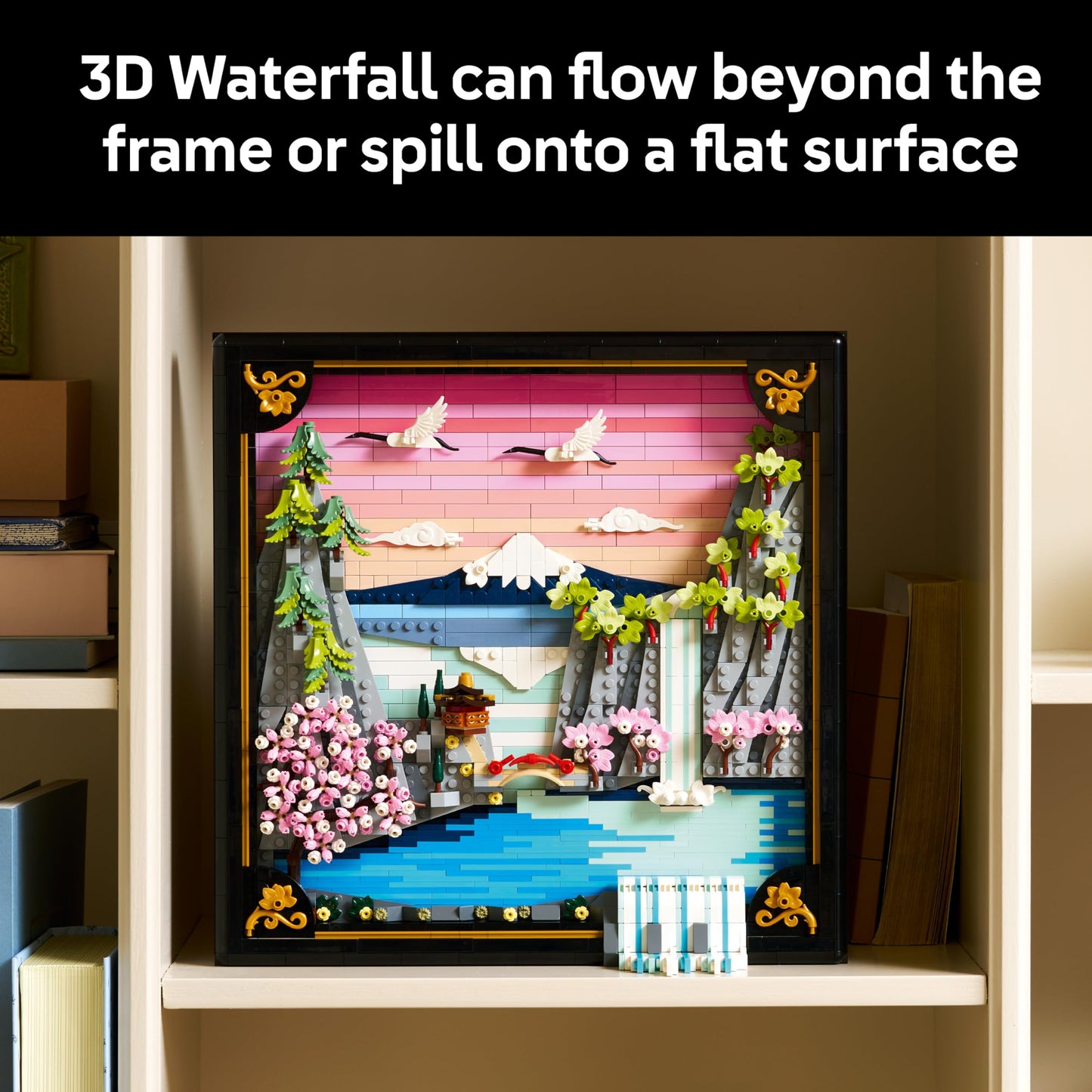 LEGO Art Japanese Cherry Blossom Landscape - DIY Miniature Model Kit for Adults - 3D Wall Art in Shadow Box Frame with Mount Fuji, Sakura & Textured Waterfall