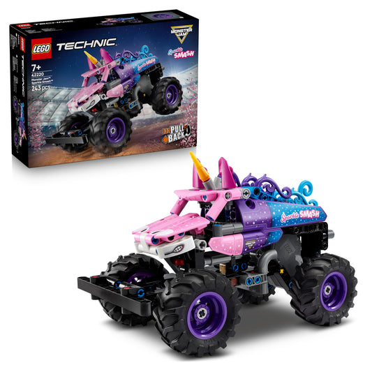 LEGO 42220 Technic Monster Jam Sparkle Smash Pull-Back Truck Toy - Pink Unicorn Themed Race Car