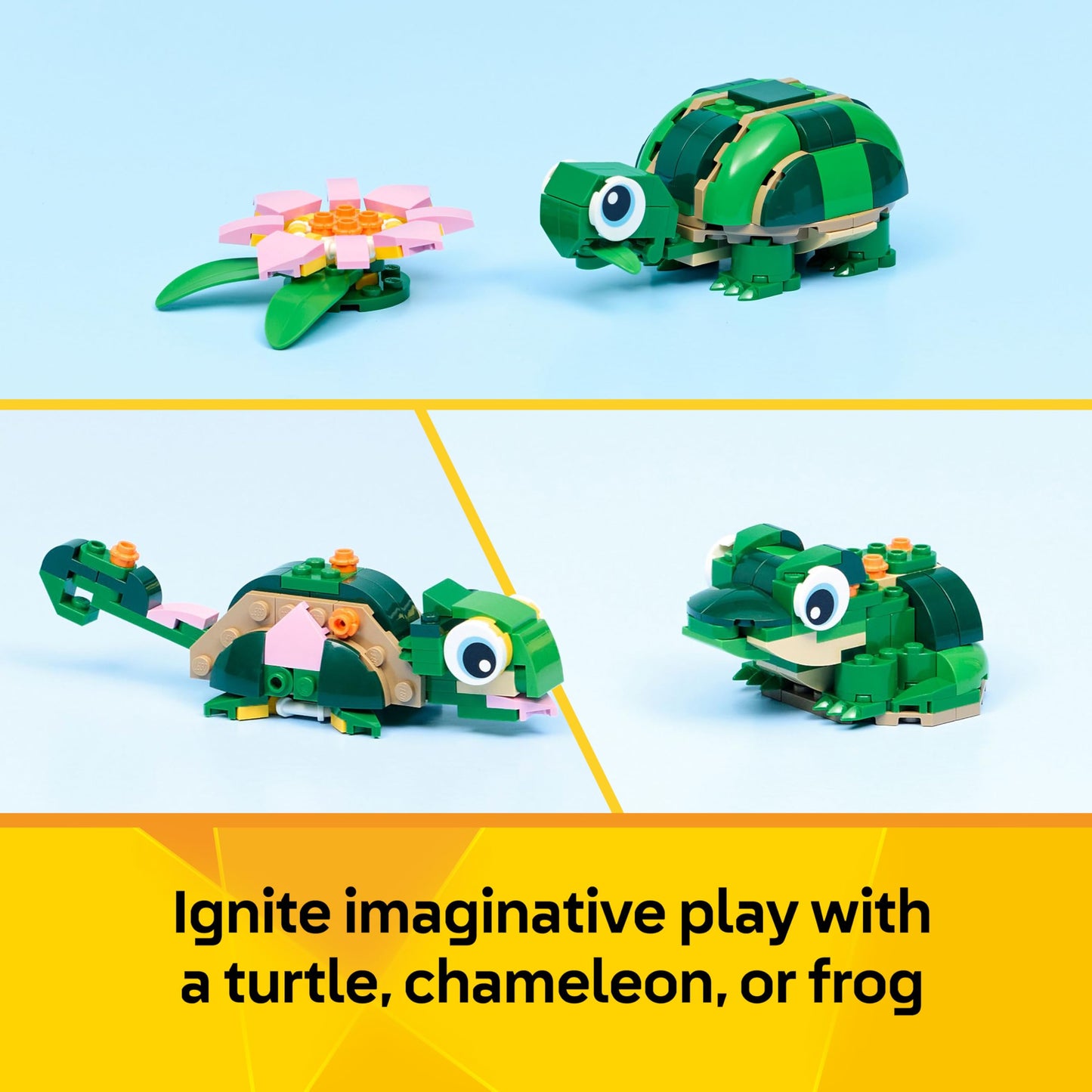 LEGO 31377 Creator 3in1 Turtle with a Water Lily Flower Toy - Animal Figure Transforms into a Chameleon or Frog