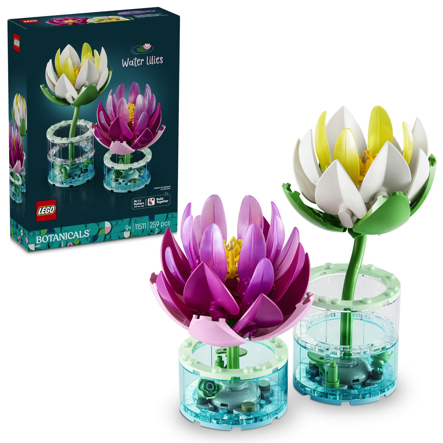 LEGO 11511 Botanicals Water Lilies - Faux Flowers Set with 2 Artificial Potted Plants in Transparent Vases