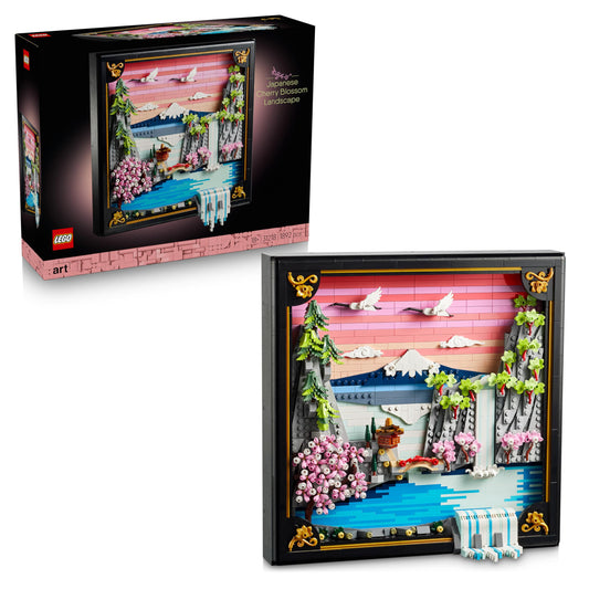 LEGO Art Japanese Cherry Blossom Landscape - DIY Miniature Model Kit for Adults - 3D Wall Art in Shadow Box Frame with Mount Fuji, Sakura & Textured Waterfall