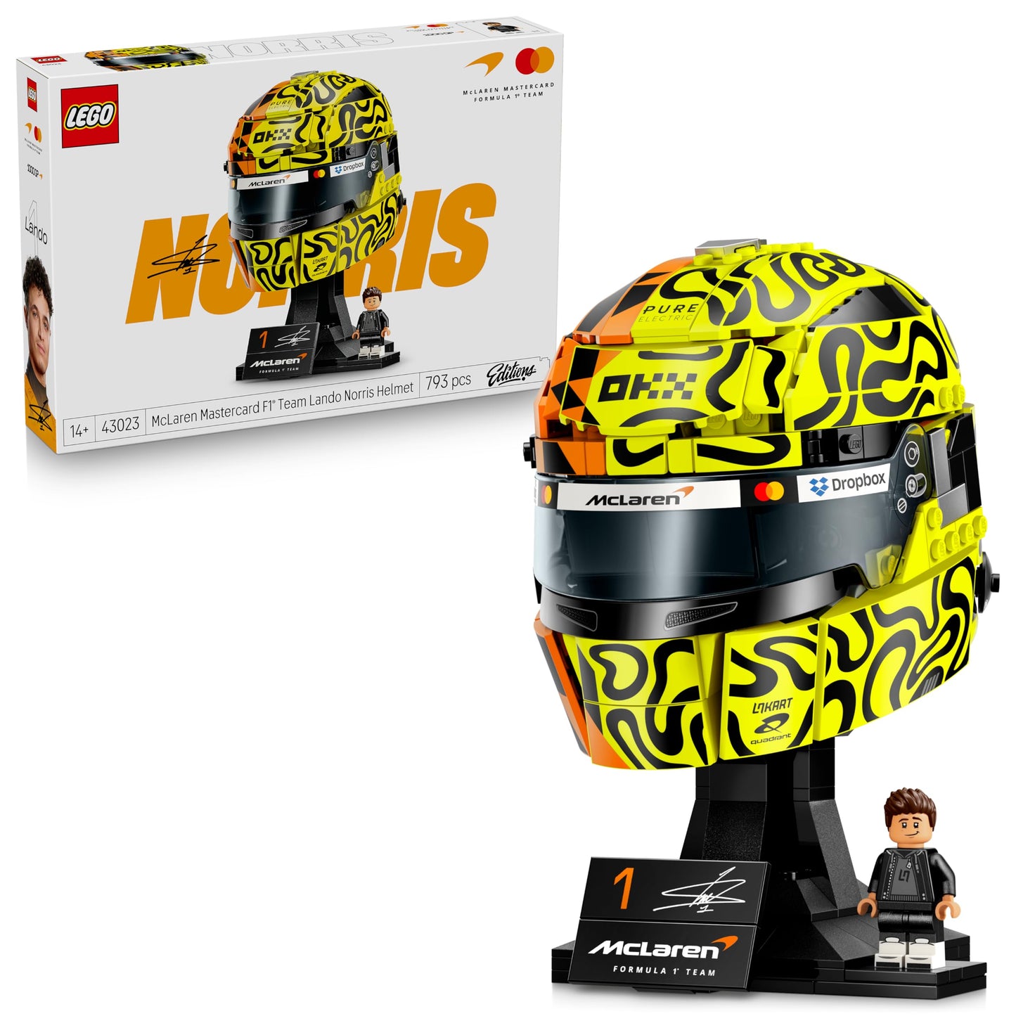 LEGO 43023 Editions McLaren Mastercard F1 Team Lando Norris Helmet - F1 Merchandise - Display Model Kit with Collectible Minifigure