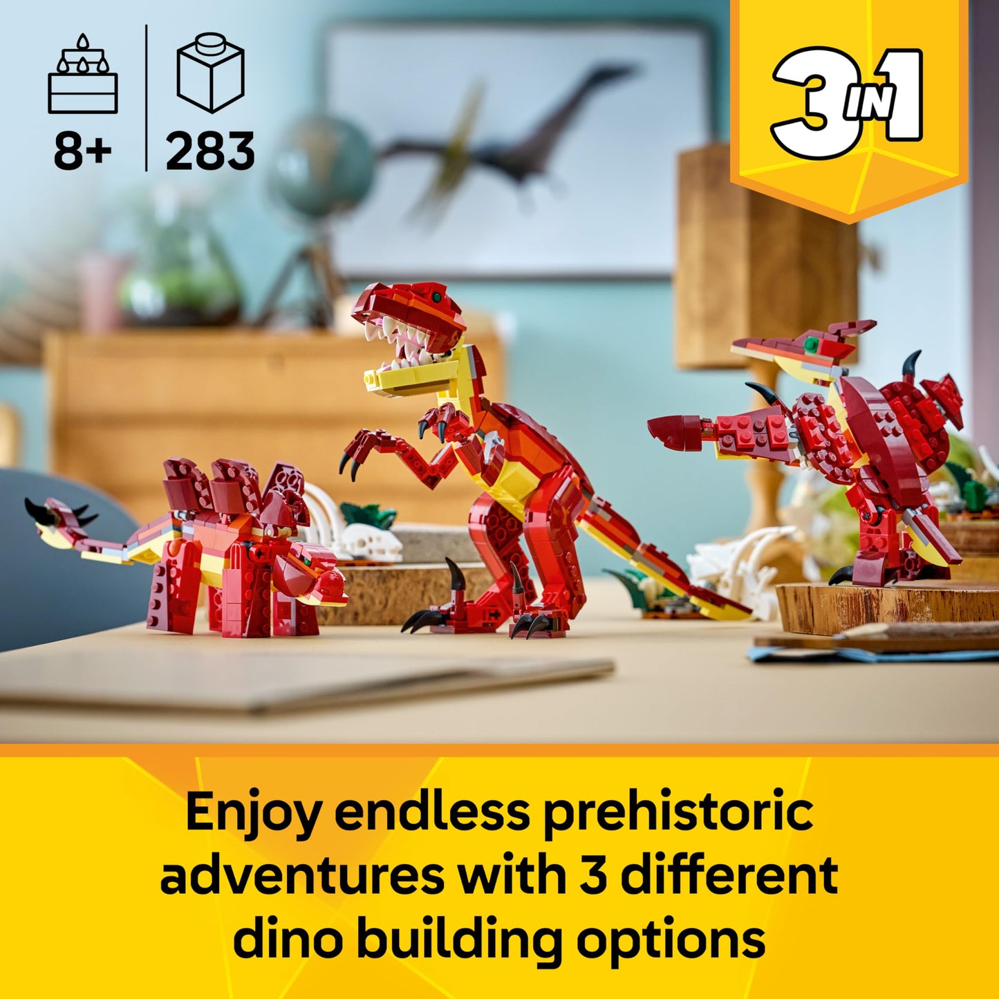 LEGO 31379 Creator 3in1 Fierce Dinosaur Toy - Build Velociraptor, Stegosaurus or Pterosaur Dino Figures w/Skeleton & Sharp Teeth Elements