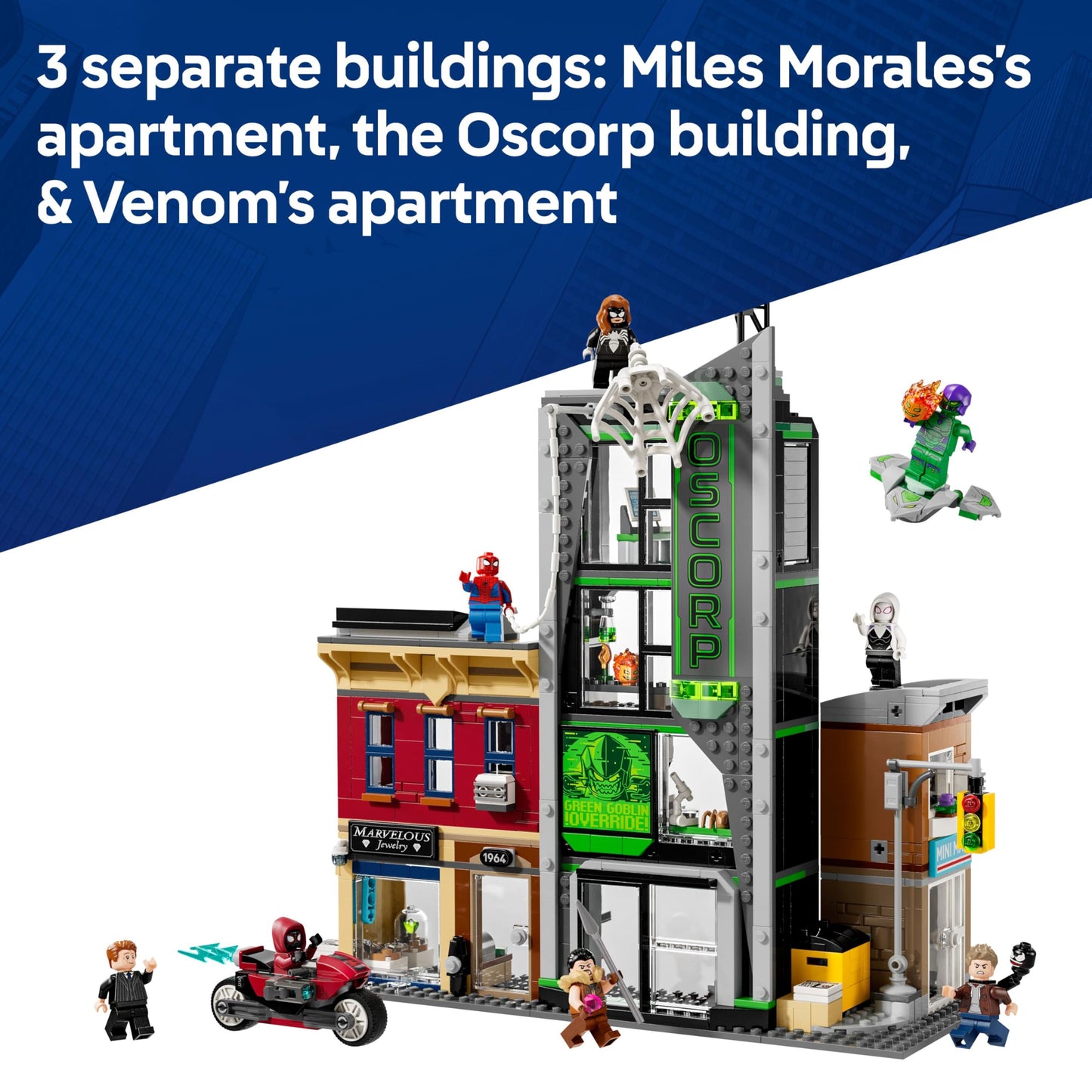 LEGO 76324 Marvel Spider-Man vs. Oscorp with a Motorbike, 8 Minifigures incl. Miles Morales & Green Goblin