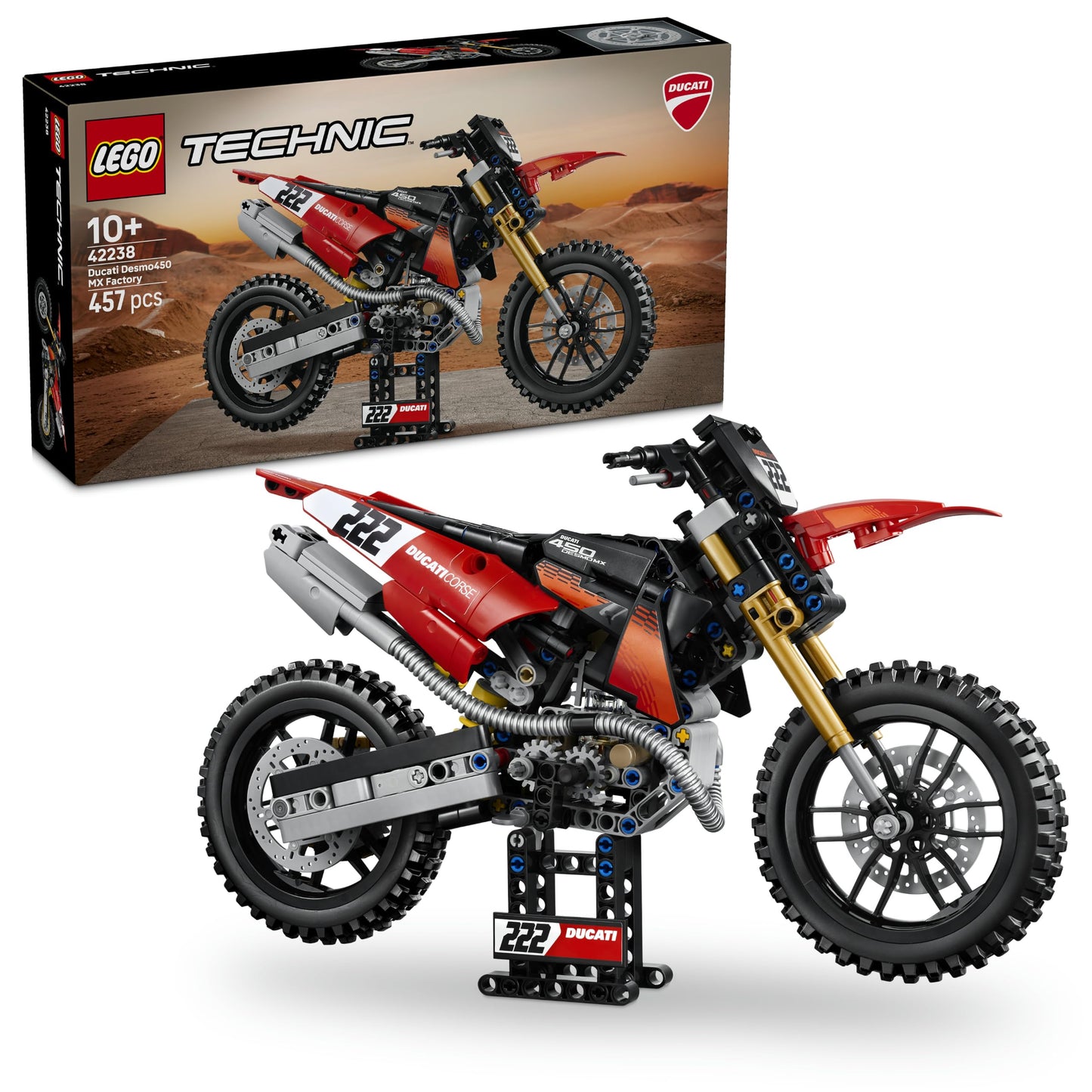 LEGO 42238 Technic Ducati Desmo450 MX Factory Motorcycle Model Kit - incl. Motorbike with cylinder engine & Suspension