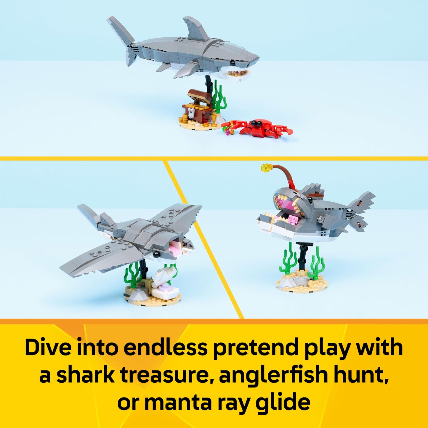 LEGO 31381 Creator 3in1 Fierce Shark with a Treasure Chest - Sea Animal Figure Transforms into an Anglerfish or Manta Ray