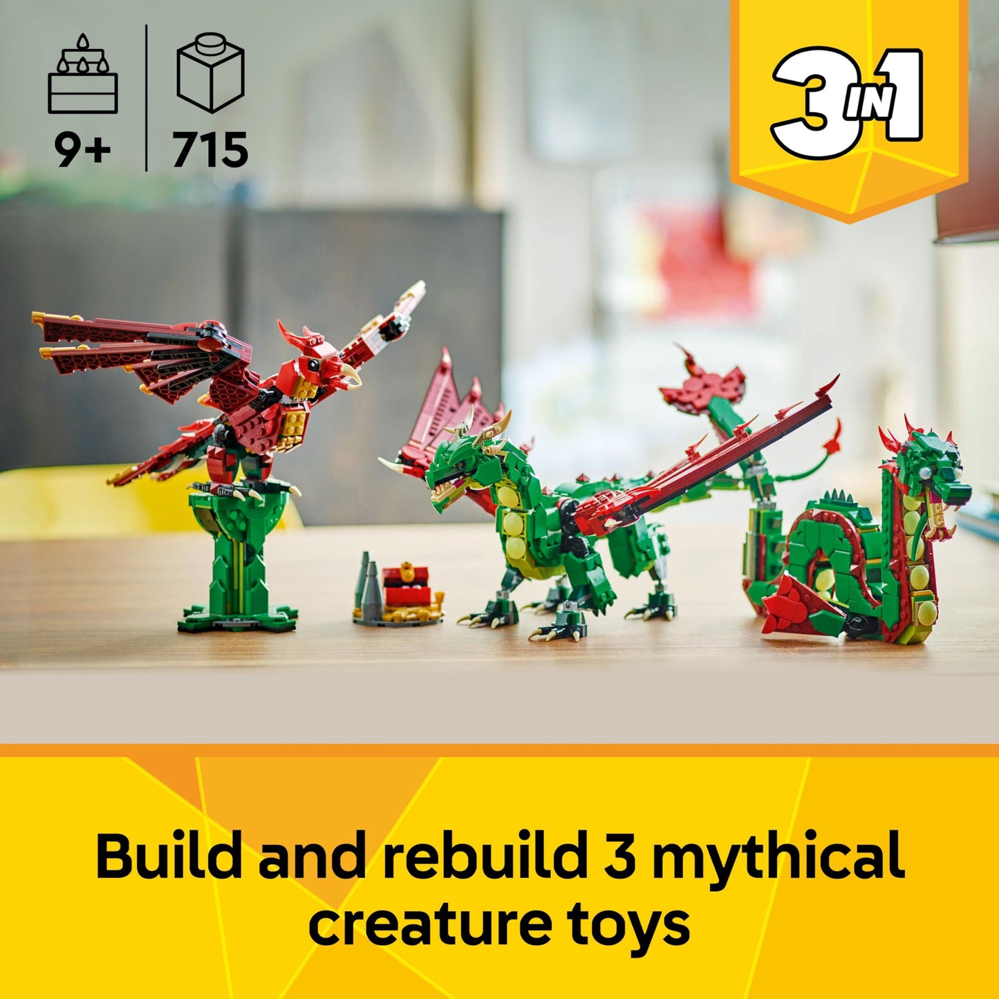 LEGO 31161 Creator 3in1 Medieval Dragon Toy - Transforms into a Sea Serpent or a Phoenix animal figure - Mythical Creatures