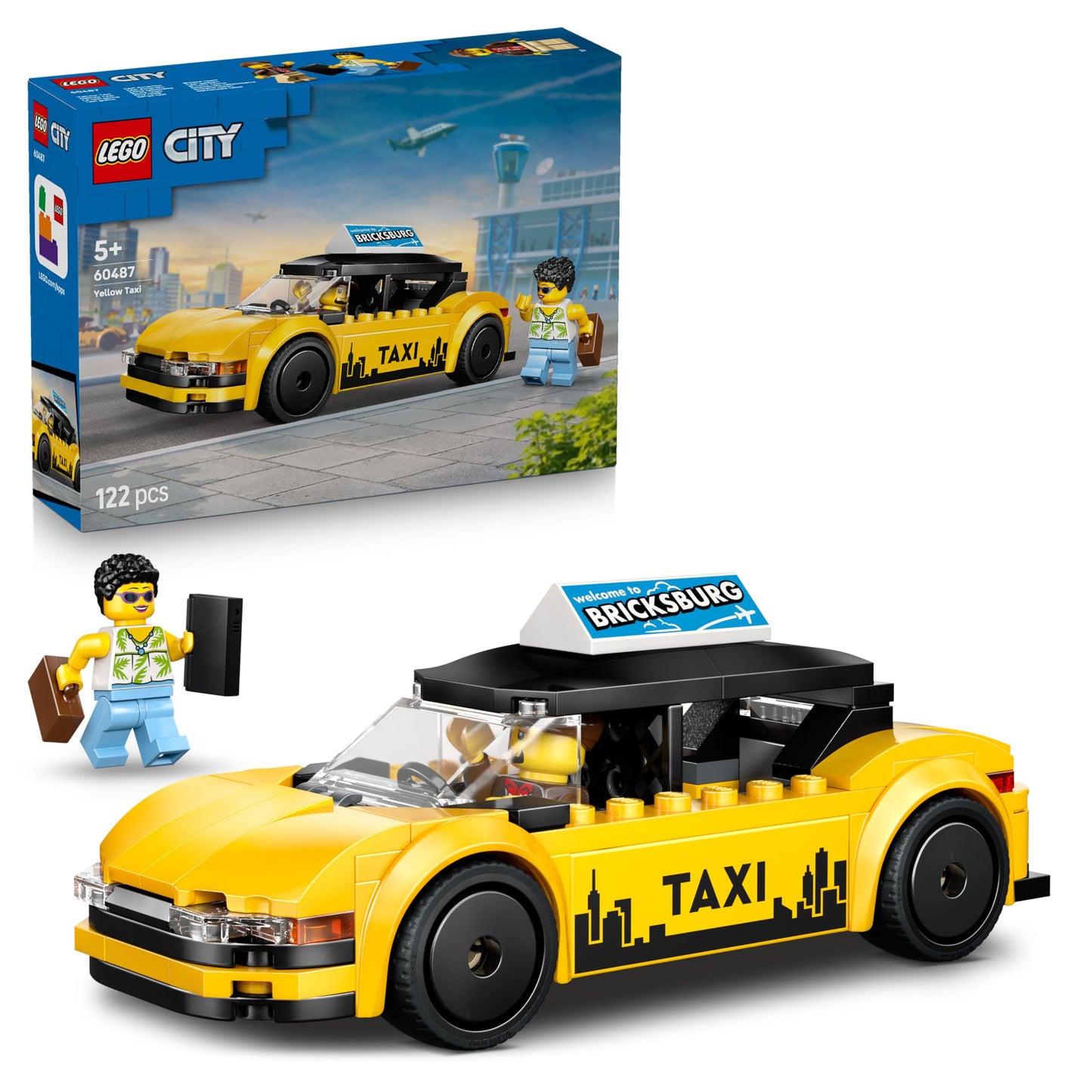 LEGO 60487 City Yellow Taxi Cab Toy - EV Car Model Kit w/ 2 Minifigures & Removable Roof