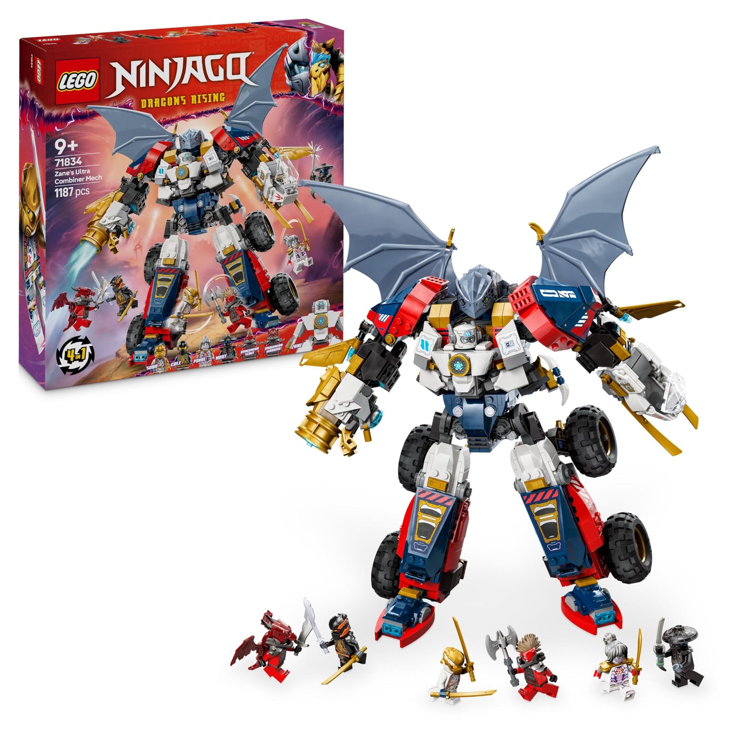 LEGO 71834 NINJAGO 4in1 Zane’s Ultra Combiner Mech Toy - Rebuilds into a Jet, Car Model, Dragon & Ninja Figure - Incl. 6 Minifigures