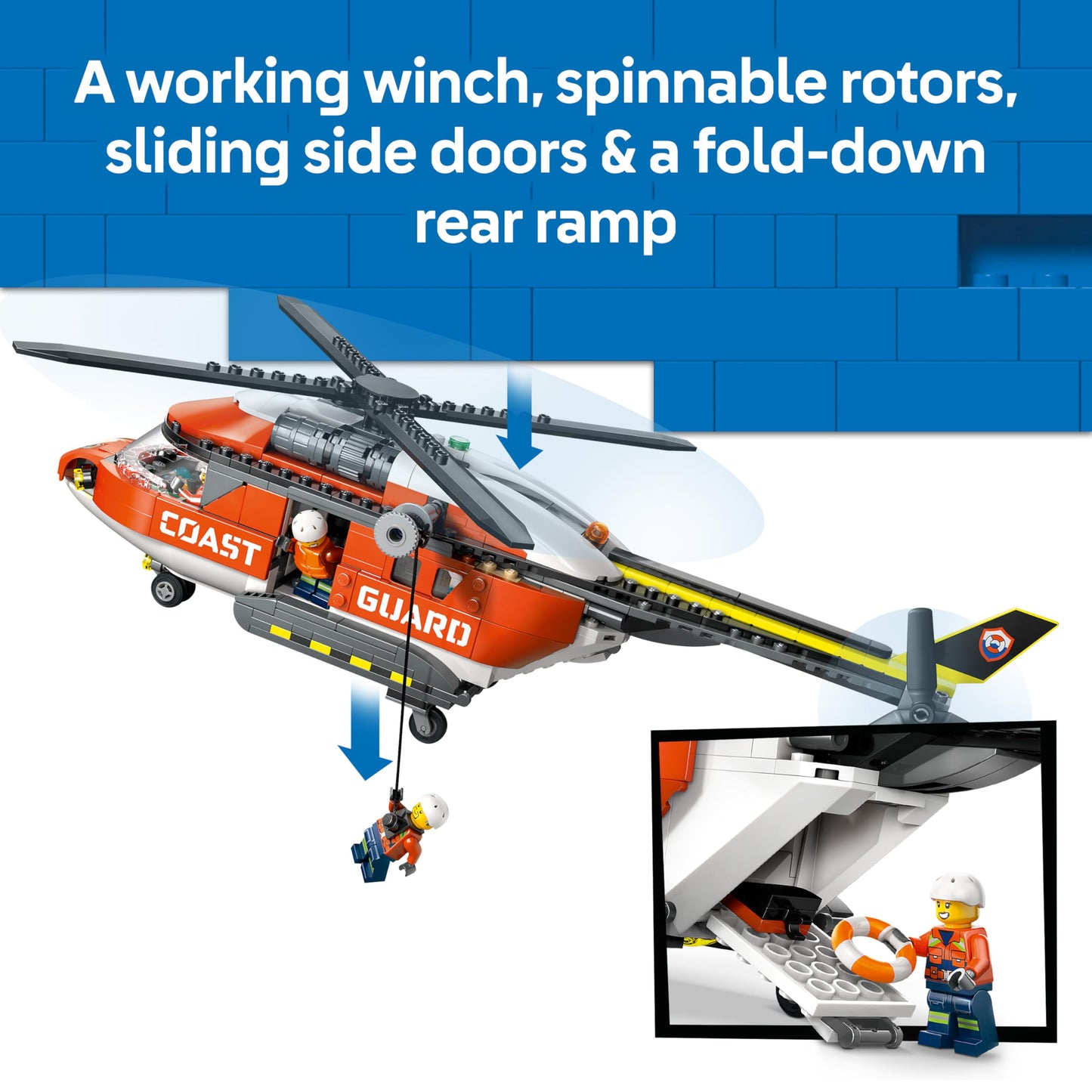 LEGO 60503 City Coast Guard Helicopter Toy - Emergency Vehicle Model Kit with Sliding Doors, Winch, 4 Minifigures & Shark Figure