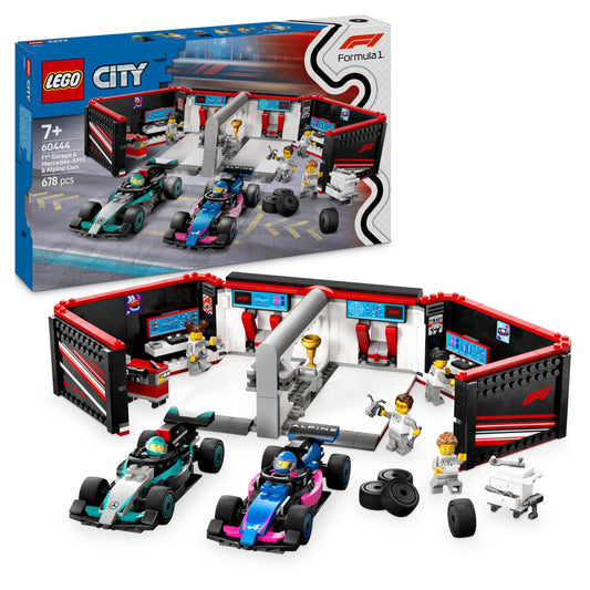 LEGO 60444 City F1 Garage & Mercedes - AMG & Alpine Cars - Toy Formula 1 Racing Vehicles Set with 2 Drivers & 4 Mechanic Minifigures