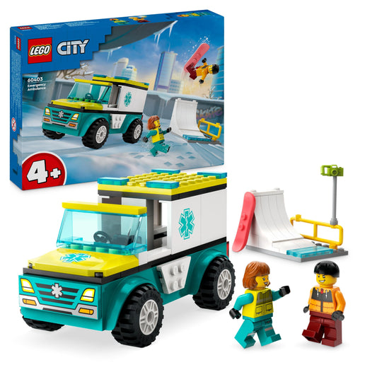 LEGO 60403 City Emergency Ambulance and Snowboarder with Boarder and Paramedic Minifigures,