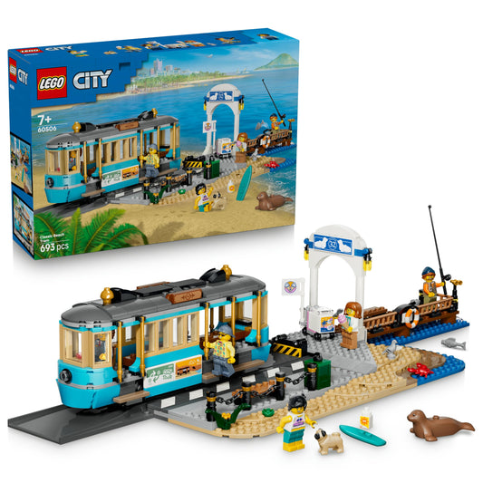 LEGO 60506 City Classic Beach Tram Toy - Model Kit w/Train Track, Street Scene, 5 Minifigures & 5 Animal Figures