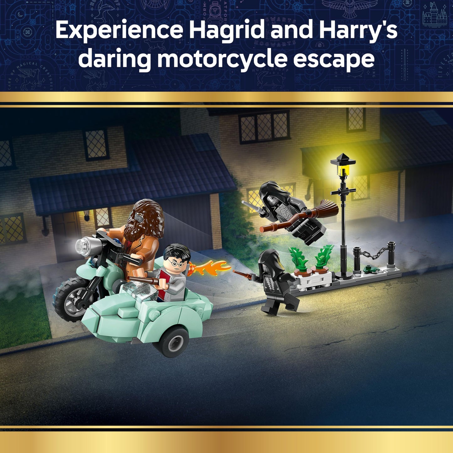 LEGO 76459 Harry Potter Hagrid & Harry's Privet Drive Escape - Motorbike Toy with 4 Minifigures incl. 2 Death Eaters, plus a Street Scene