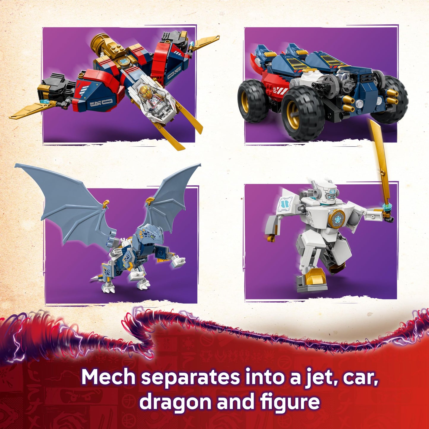 LEGO 71834 NINJAGO 4in1 Zane’s Ultra Combiner Mech Toy - Rebuilds into a Jet, Car Model, Dragon & Ninja Figure - Incl. 6 Minifigures