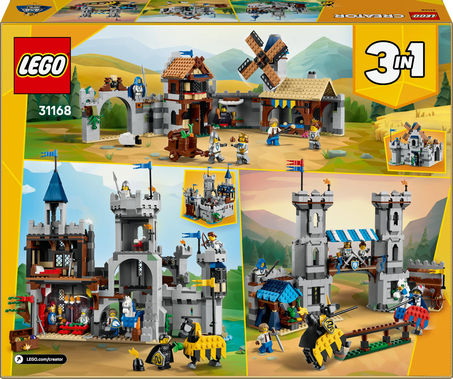 LEGO 31168 Creator 3in1 Medieval Horse Knight Castle Toy - Transforms into a Jousting Tournament Scene or a Town - incl. 6 Minifigures