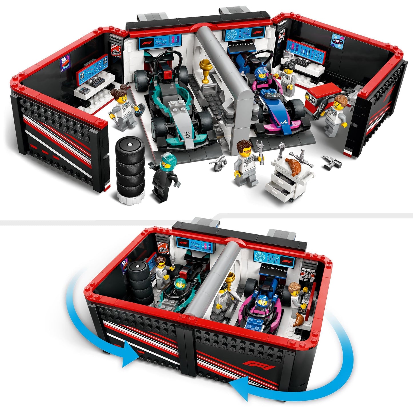 LEGO 60444 City F1 Garage & Mercedes - AMG & Alpine Cars - Toy Formula 1 Racing Vehicles Set with 2 Drivers & 4 Mechanic Minifigures
