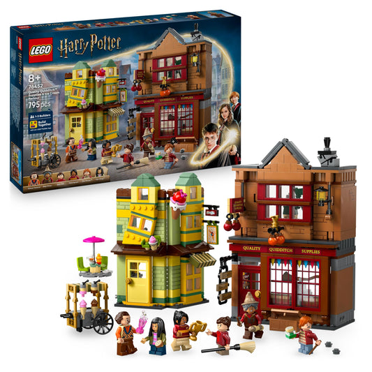 LEGO 76452 Harry Potter Quality Quidditch Supplies & Ice Cream Parlour Set with 2 Diagon Aley Shop Toys, 6 Minifigures & Accessories incl. a Nimbus 2000 Broom