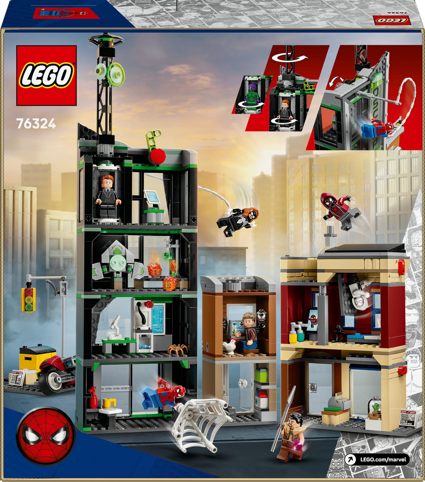 LEGO 76324 Marvel Spider-Man vs. Oscorp with a Motorbike, 8 Minifigures incl. Miles Morales & Green Goblin