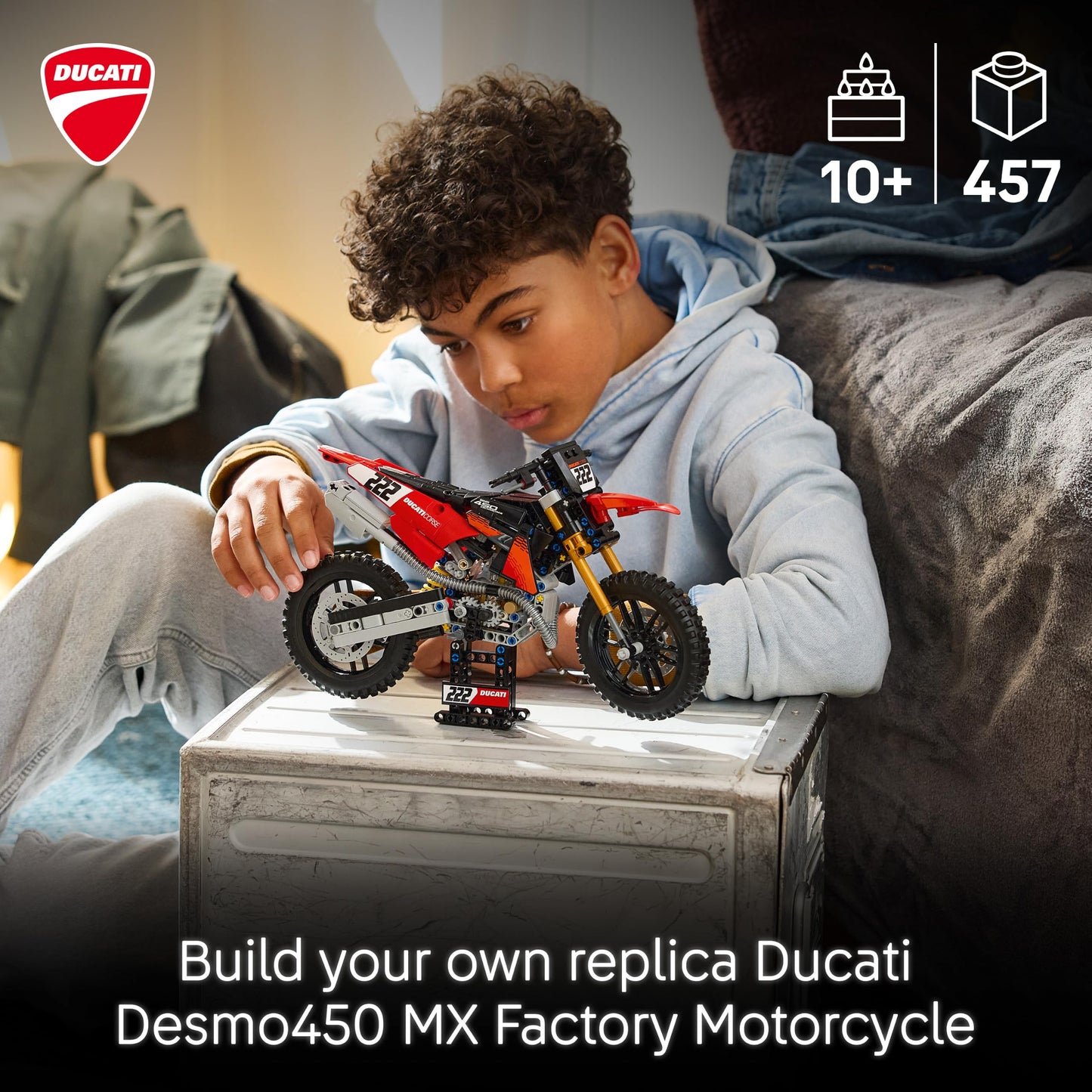 LEGO 42238 Technic Ducati Desmo450 MX Factory Motorcycle Model Kit - incl. Motorbike with cylinder engine & Suspension