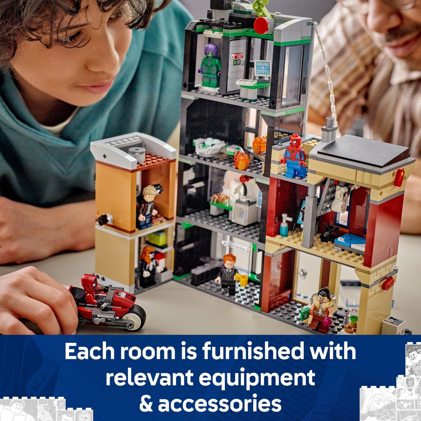 LEGO 76324 Marvel Spider-Man vs. Oscorp with a Motorbike, 8 Minifigures incl. Miles Morales & Green Goblin